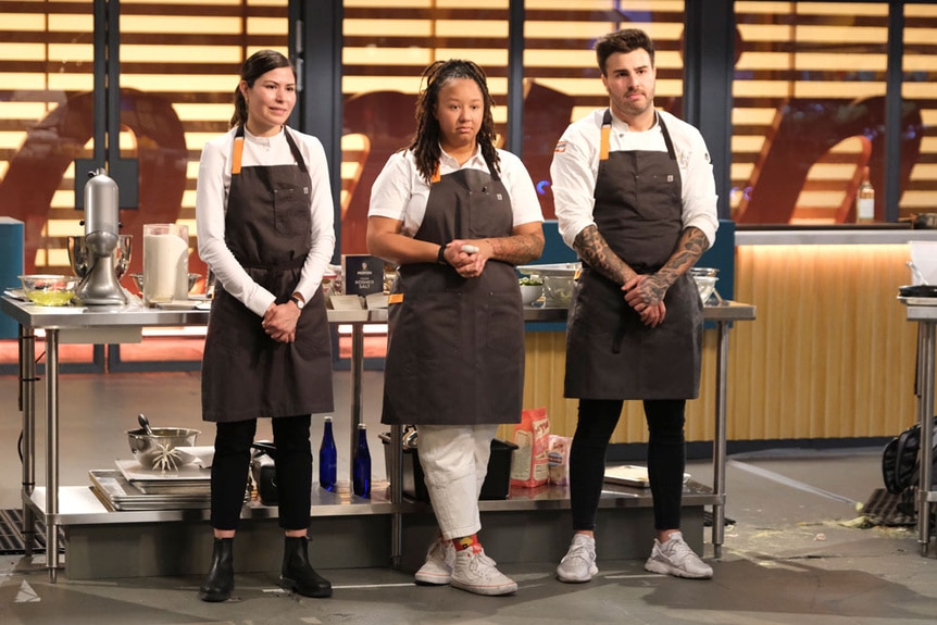 Amanda Turner, Laura Ozyilmaz, and Kevin Dandrea in the Last Chance Kitchen Kitchen.