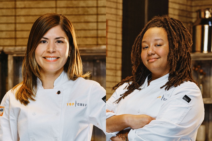 Split of Amanda Turner and Laura Ozyilmaz in a kitchen wearing their chefs coats