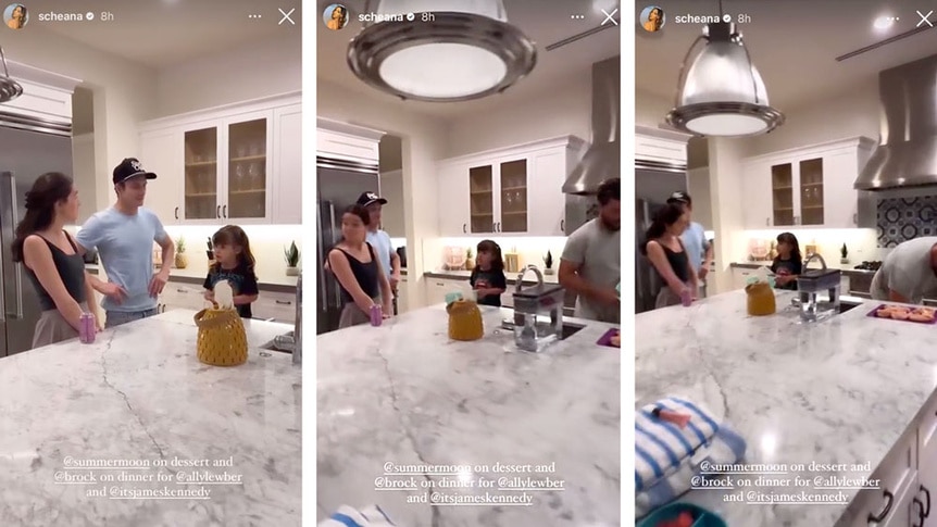 A series of James Kennedy, Ally Lewber, Brock Davies, Scheana Shay, and Summer Moon Honey Davies in a kitchen.