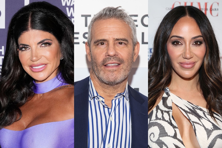 A split of Andy Cohen, Teresa Giudice, and Melissa Gorga.