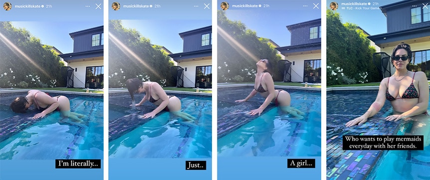Katie Maloney of Vanderpump Rules poses in a bikini in a pool on her Instagram story.