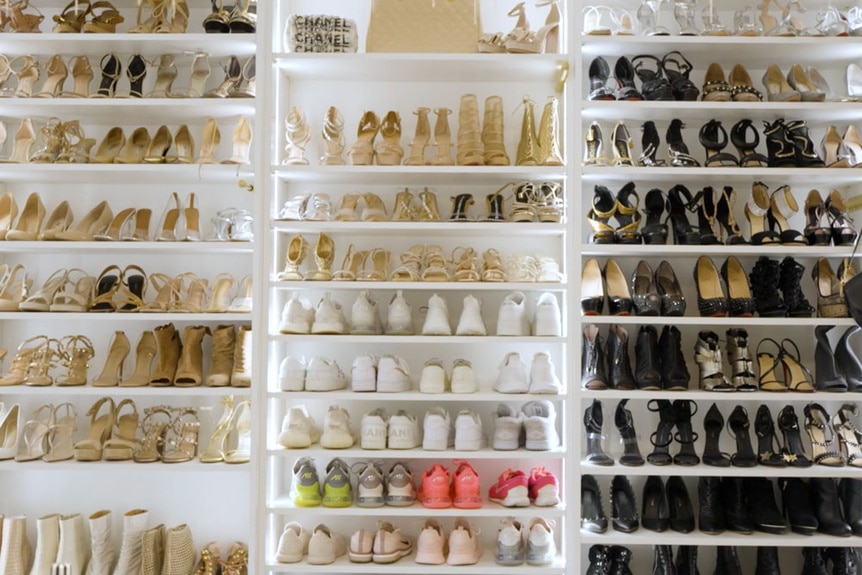 a shoe wall in Melissa Gorga's closet.