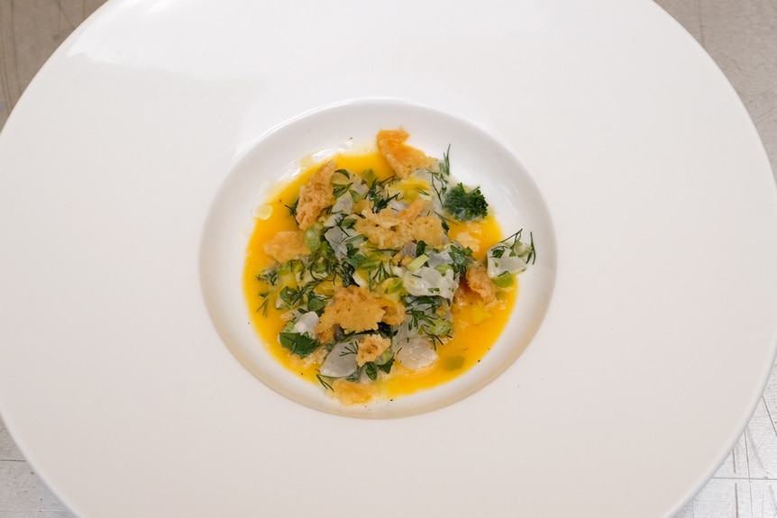 Dan Jacobs quickfire dish of lionfish tartare, orange and Fresno aguachile, gouda frico