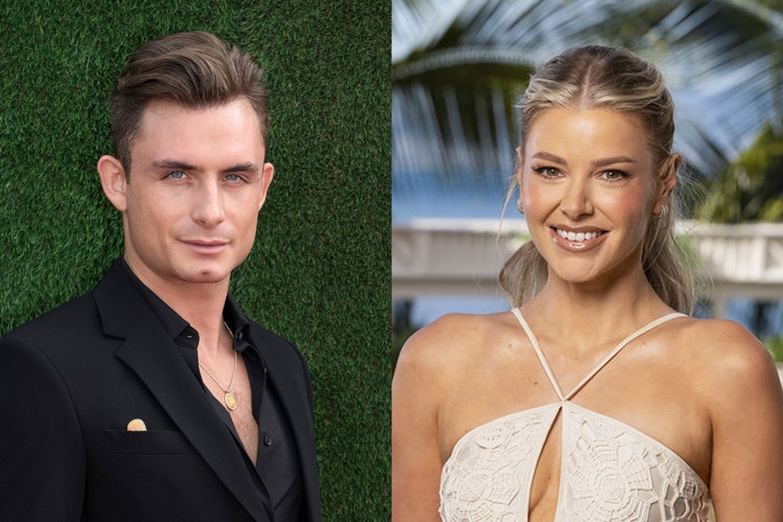 Split of James Kennedy in front of a creen shrub backdrop and Ariana Madix as host of Love Island