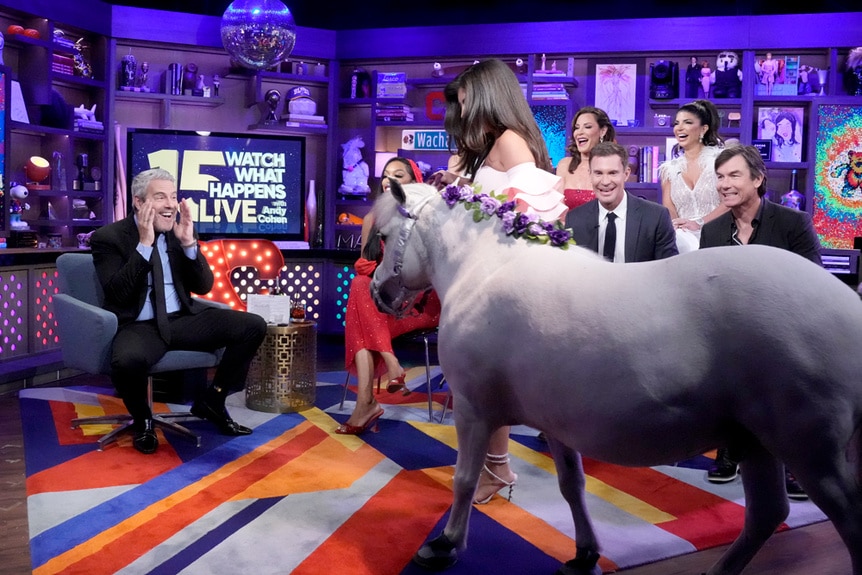 Andy Cohen and Milania Giudice at the WWHL 15th Anniversary episode
