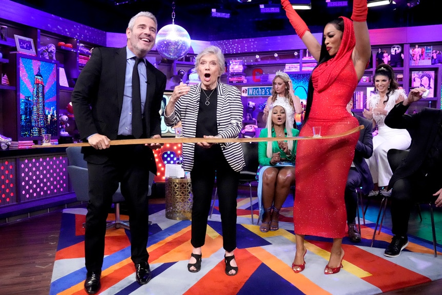 Andy Cohen, his mother, Evelyn Cohen and Porsha Williams at the WWHL 15th Anniversary episode