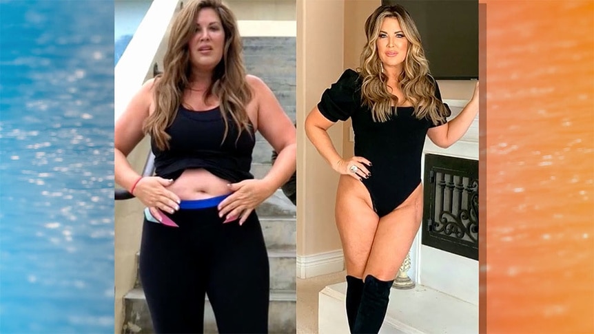 A split of Emily Simpson before and during her weight loss journey.