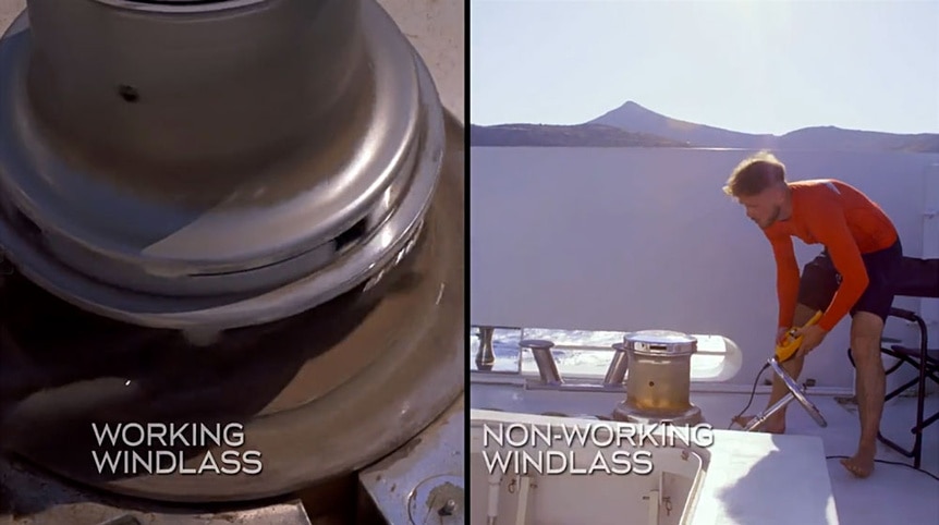 A split of a working and non working Windlass on the Below Deck Mediterranean Yacht