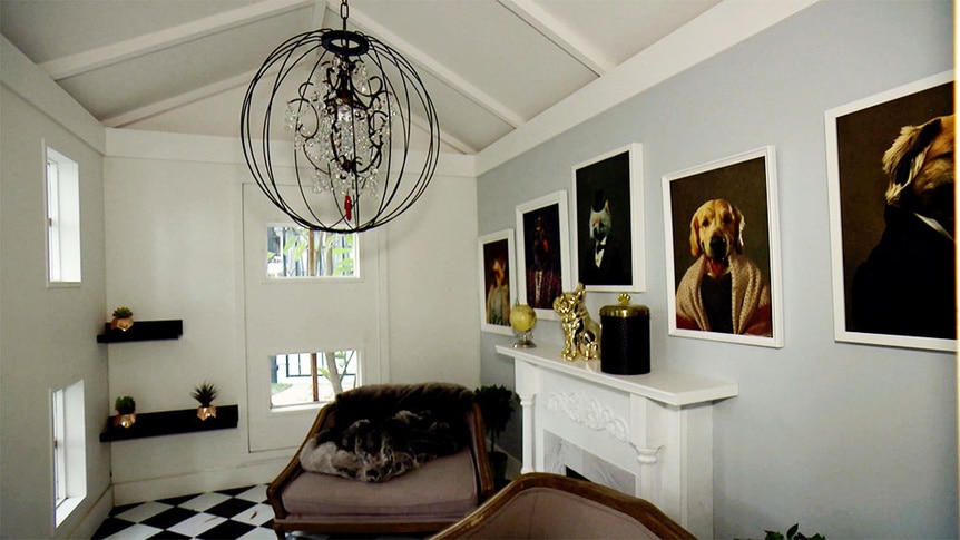 A split of the interior of Kyle Richards' dog house in her backyard.