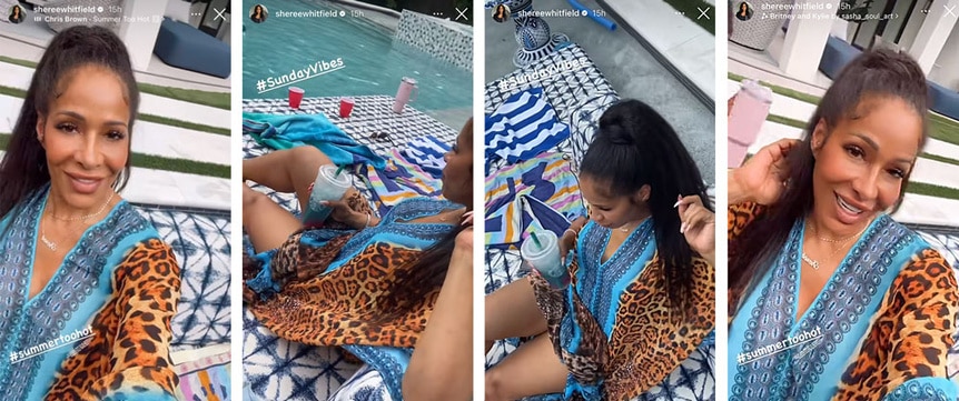 A series of Sheree Whitfield spending time at the pool.