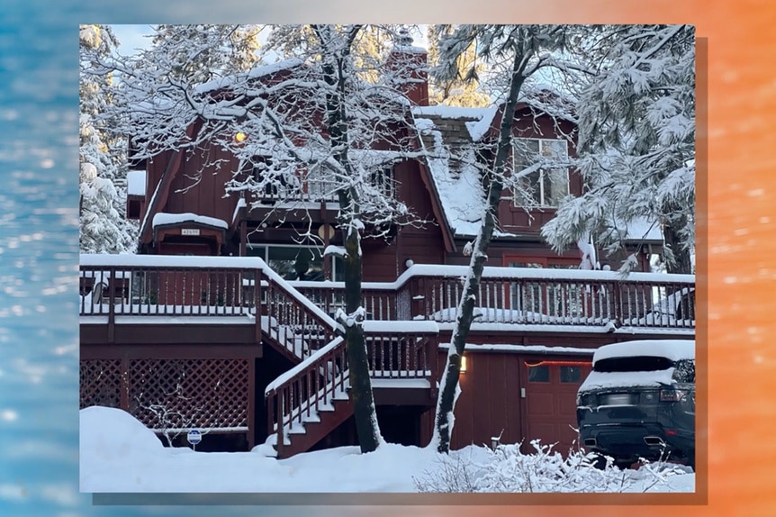 Tamra Judge's Big Bear House exterior view covered in snow.