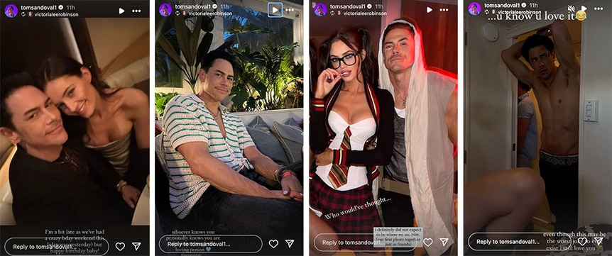 A split of Victoria Lee Robinson and Tom Sandoval celebrating Tom's birthday.