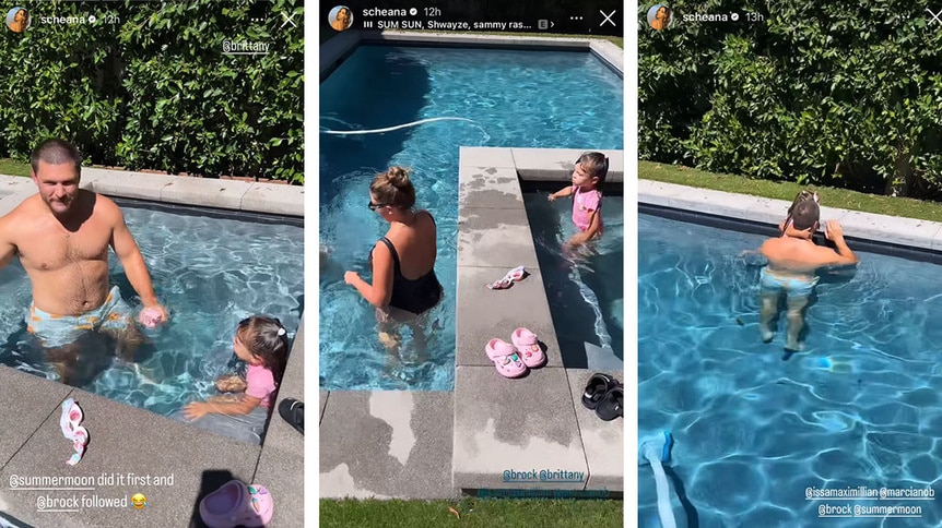 A series of Summer Moon, Brock Davies, and Brittany Cartwright at the pool.