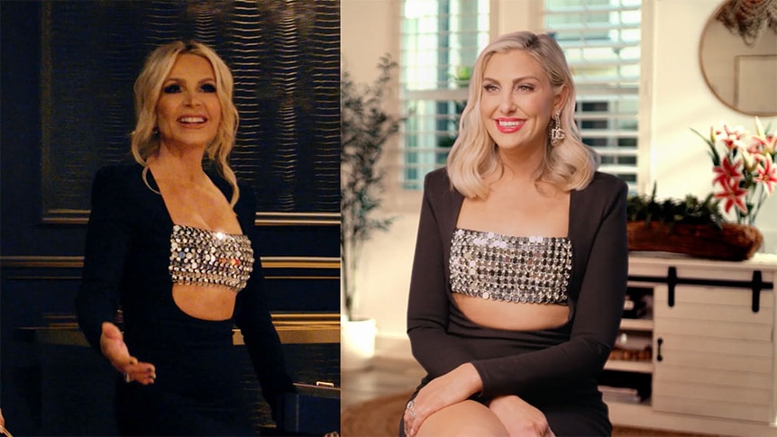 A split of Gina Kirschenheiter and Tamra Judge wearing the same dress.