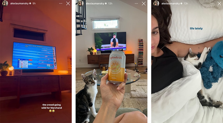 A split of Alexia Umansky watching the Olympics in her living room.