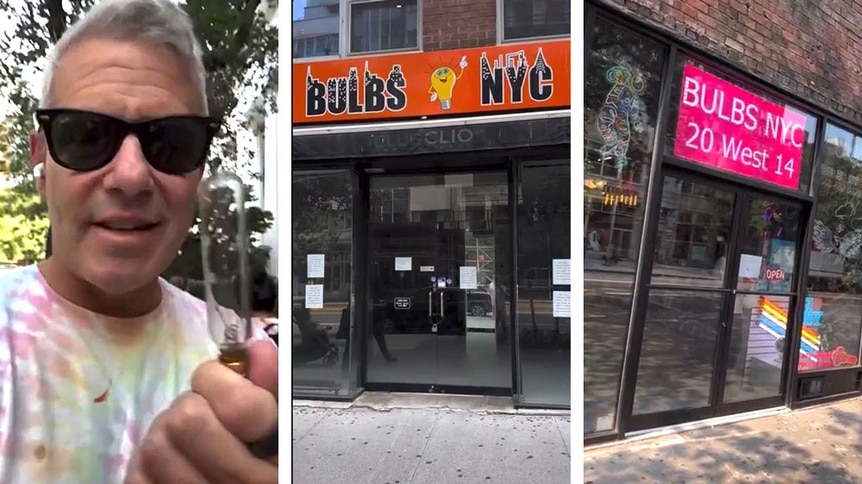 A series of Andy Cohen visiting a light bulb shop in NYC