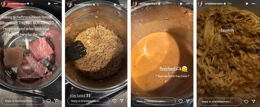 A split of Brielle Biermann cooking a meal.