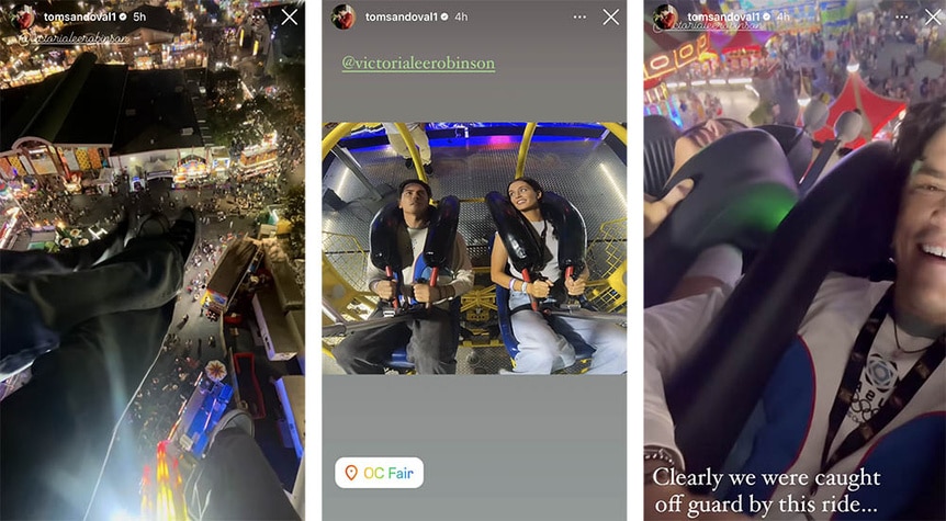 A split of Tom Sandoval and Victoria Lee Robinson on rides at a fair.