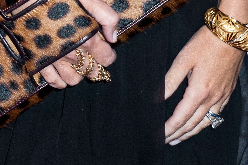 Detail shot of Sutton Stracke's purse and Jewelry.