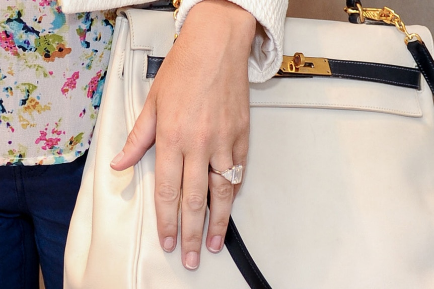 A detail shot of Sutton Stracke's engagement ring.