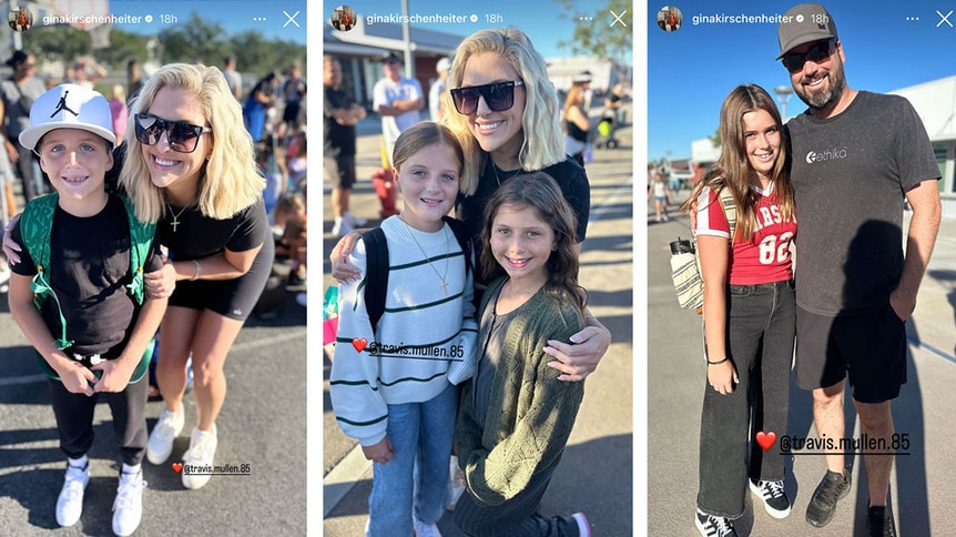 A series of Gina Kirschenheiter and Travis Mullen with their children on their first day of school