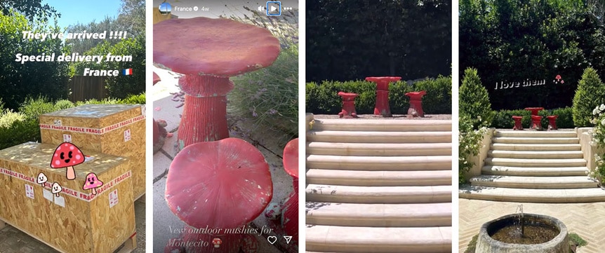 A series of Dina Manzo's backyard with her mushroom decor