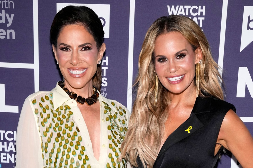 Jennifer Fessler and Jackie Goldschneider in front of the WWHL step and repeat.