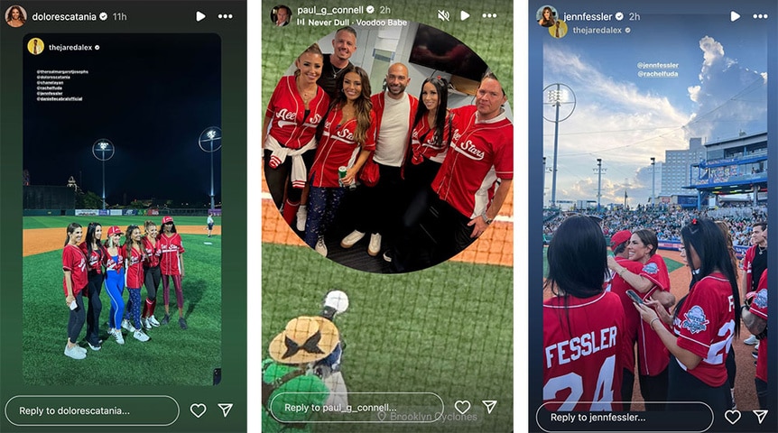 A split of The Real Housewives of New Jersey cast members playing soft ball.