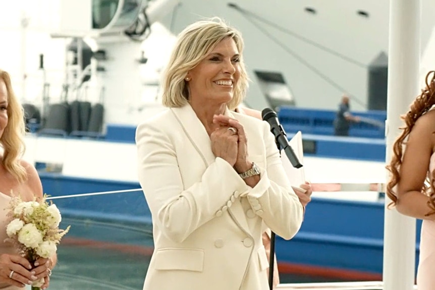 Captain Sandy waiting for her bride, Leah Shafer, during her wedding ceremony