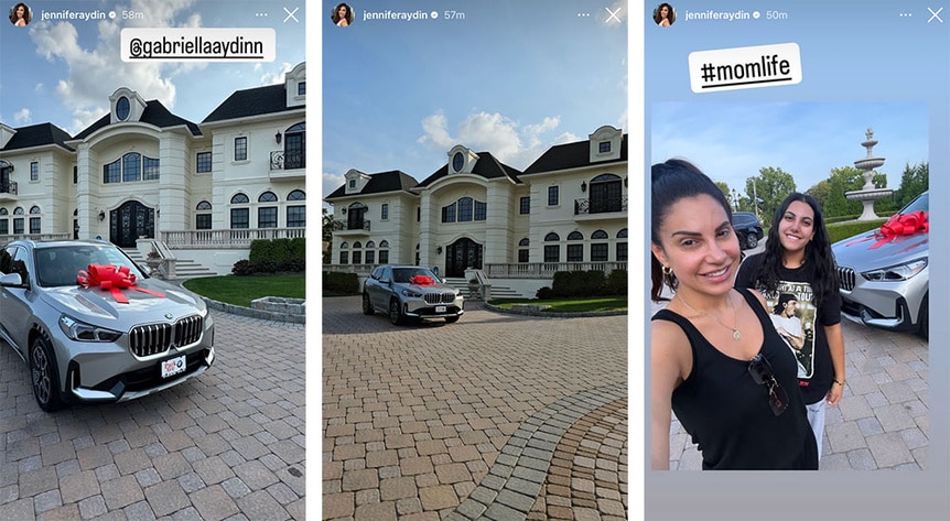 A split of Jennifer and Gabby Aydin posing by an SUV.