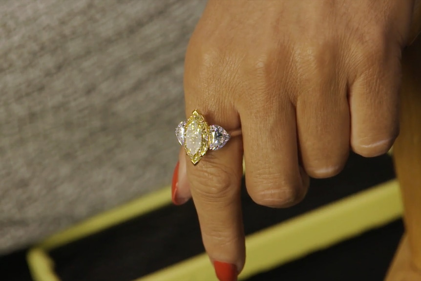 Caroline Stanbury wears a large diamond ring on her finger on The Real Housewives of Dubai Episode 214.