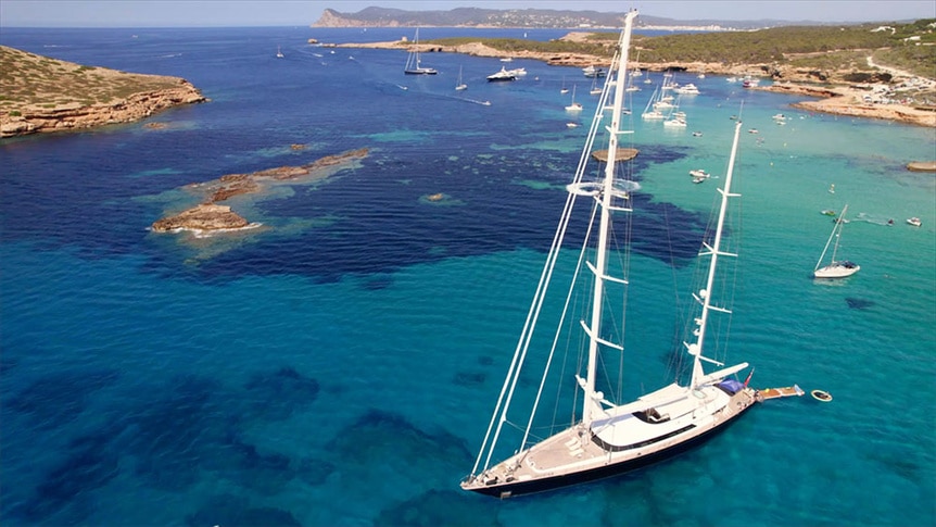 The Parsifal 3 sailing yacht anchored at sea in Ibiza.