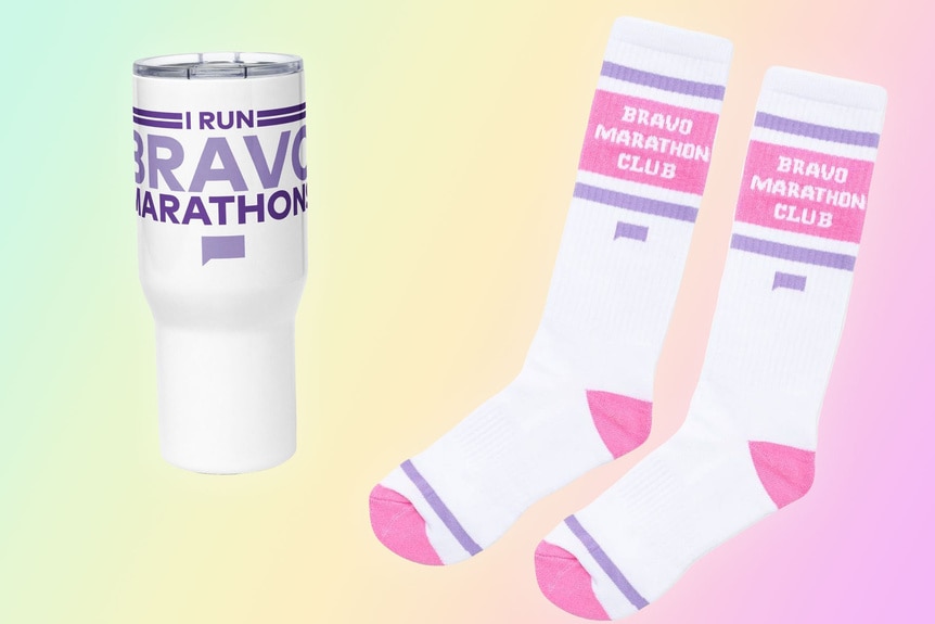 Bravo Marathon Tumbler and crew socks in front of a pastel green, yellow, and pink background