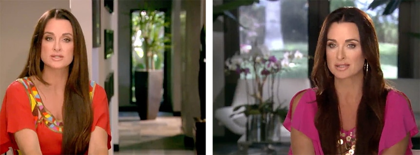 A split of Kyle Richards' confessional looks in The Real Housewives of Beverly Hills Season 1, Episode 1.