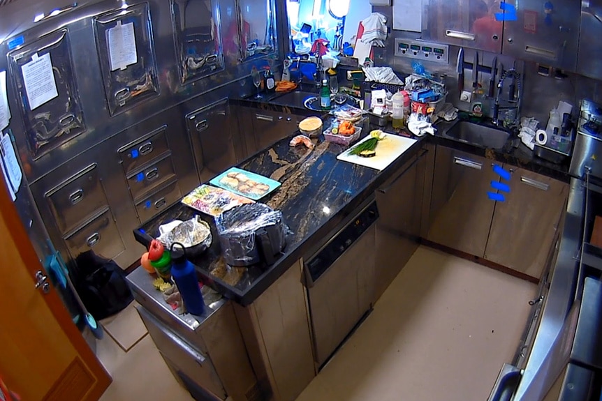 The kitchen galley empty during a charter