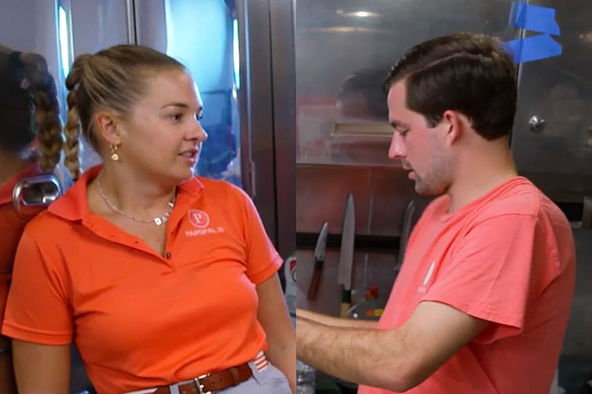 A split of Daisy Kelliher and Chef Cloyce Martin in the kitchen galley on BDSY