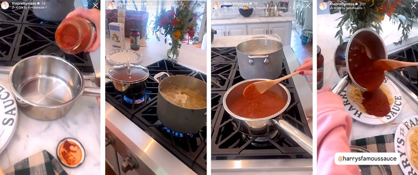 A series of Erika Jayne cooking pasta and some sauce with Harry's Famous Sauce