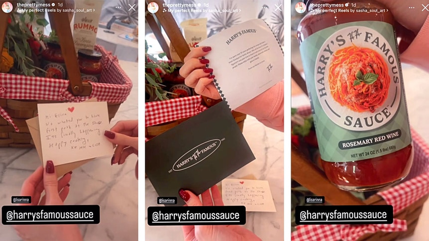 A series of Erika Jayne receiving a gift of Harry's Famous Sauce from Harry Hamlin