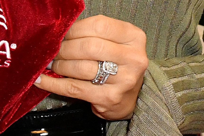 A detail of Erin Lichy's hand with her engagement Ring