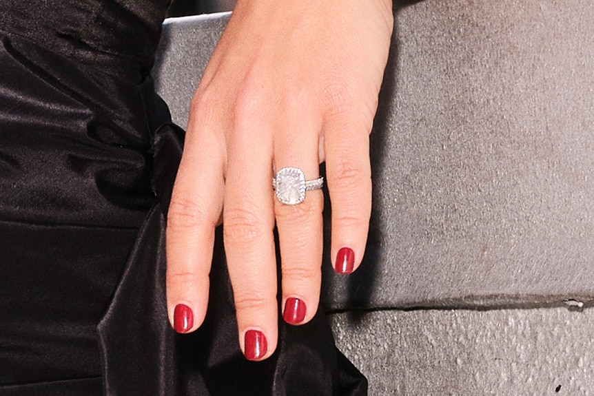 A detail of Erin Lichy's hand with her engagement Ring