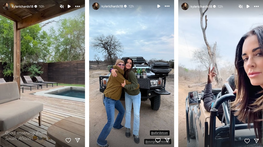 A series of images of Kyle Richards on a safari in South Africa.