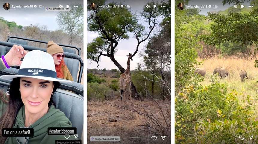 A series of images of Kyle Richards on a safari in South Africa.