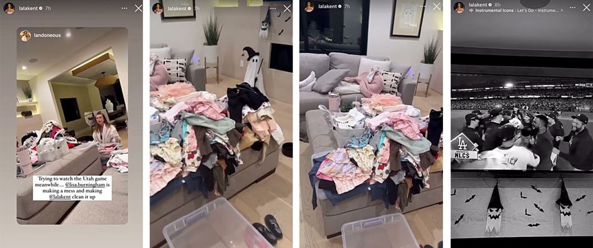 A series of Lala Kent's home while she spends time with her mom and her brother on the couch.