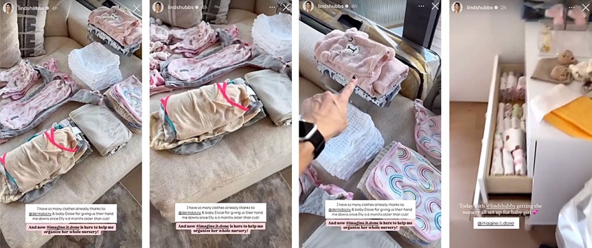 A series of photos of all of the baby clothes that Lindsay Hubbard has for her daughter.