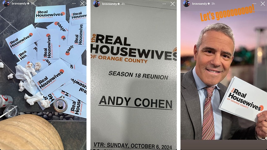 A split of Andy Cohen at The Real Housewives of Orange County Season 18 Reunion.