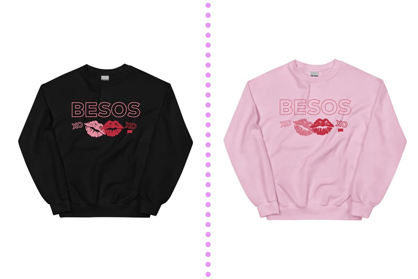 a black sweatshirt and a pink sweatshirt both with Besos and two lip icons on them