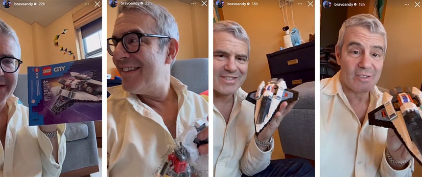 A split of Andy Cohen holding up Ben Cohen's toy spaceship.