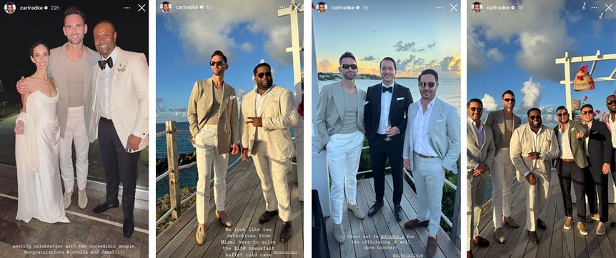 A series of Carl Radke at a wedding celebration by the ocean