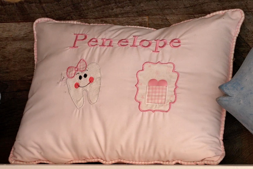 A pink pillow with the name Penelope embroidered on it.