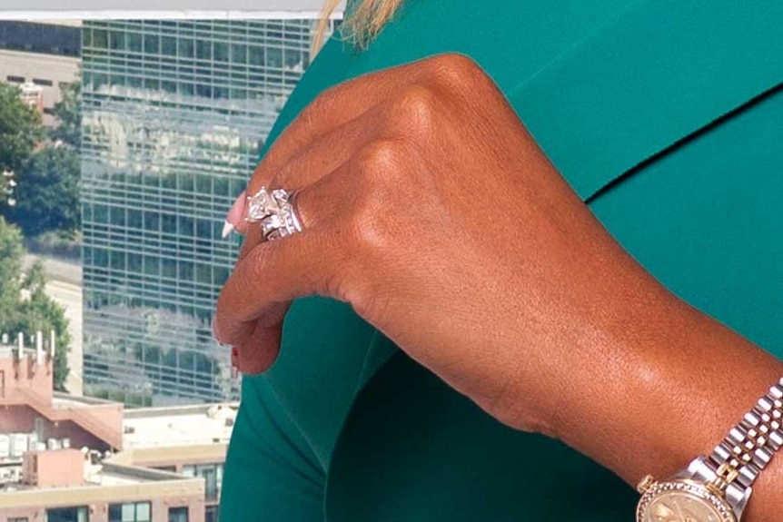 A closeup of Dr. Heavenly Kimes' engagement ring and wedding band.